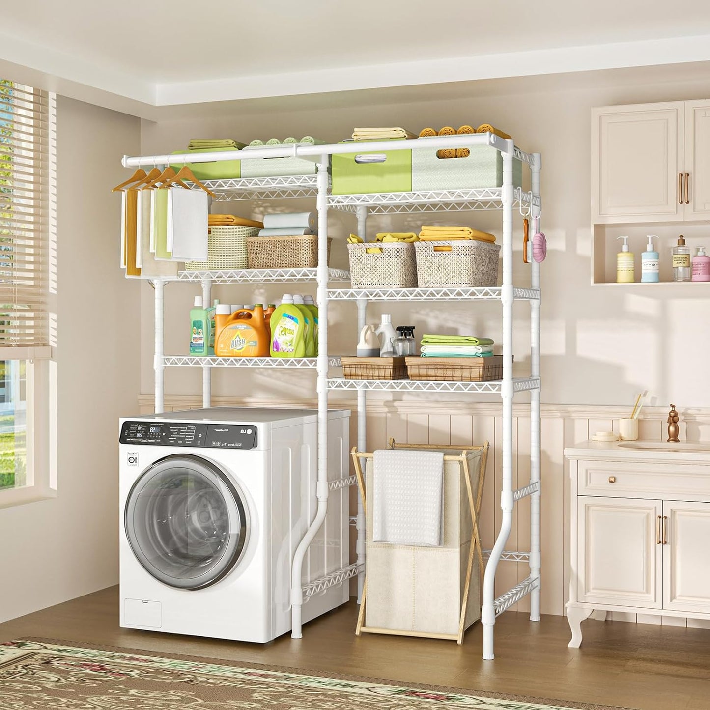 Ulif U13 Medium Over Washer and Dryer Storage Shelves, 6 Tiers Laundry Room Standing Shelf with 2 Hanger Rods, Space Saver Clothes Drying Rack, 57.8" W x 22" D x 77.4" H, White - NestledHome