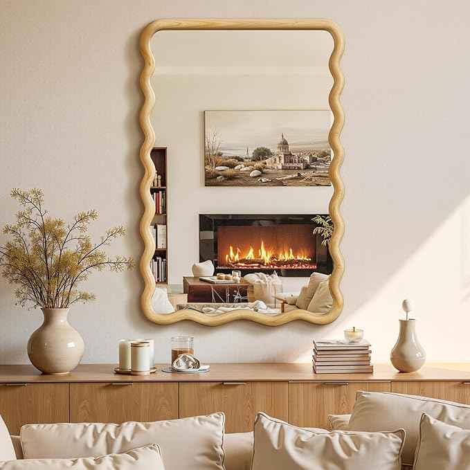Bathroom Mirror for Wall, 20"x30" Boho Wavy Wood Mirror Large Full Length Decorative Mirror with Tempered Glass, Natural Wooden Frame Vanity Mirror for Bedroom, Living Room, Entryway