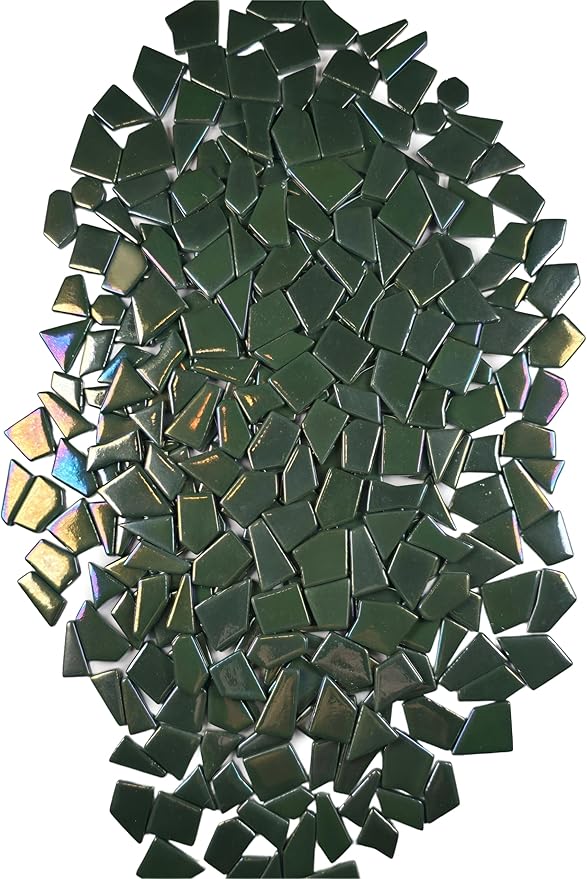 Irregular Glass Mosaic Tiles Bulk 500g Glossy and Iridescent Mosaic Glass Tiles for DIY Projects and Arts and Crafts Solid Colors and Mixes (Iridescent Army Green)