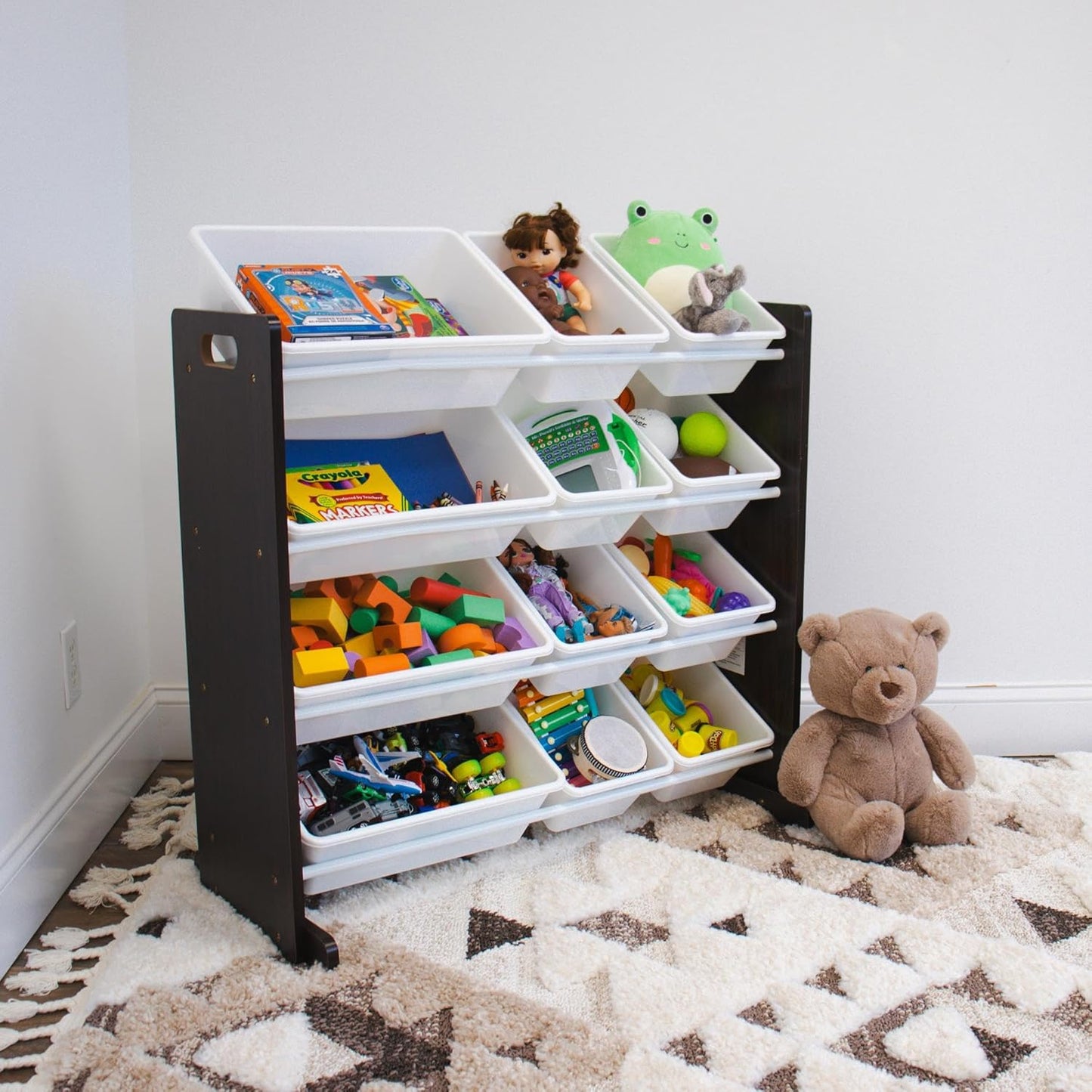 Humble Crew Kids Toy Storage Organizer with 12 Plastic Bins, Espresso/White – Removable Bins for Playroom, Bedroom, Toddler Furniture for Boys and Girls Ages - NestledHome