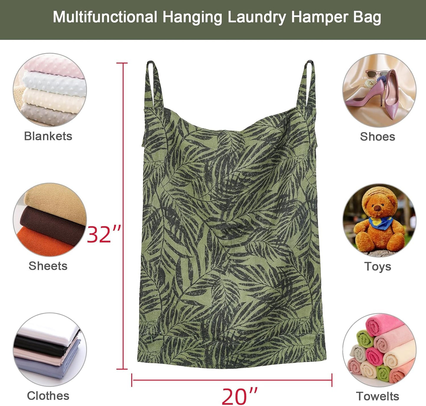 Linen Hanging Laundry Bag, 100% Linen Leaf Print Over The Door Laundry Hamper with Buttons and Zipper, Space Saving Door Hampers for Laundry Dirty Clothes Home Travel, Green, 19.7x27.5inches - NestledHome