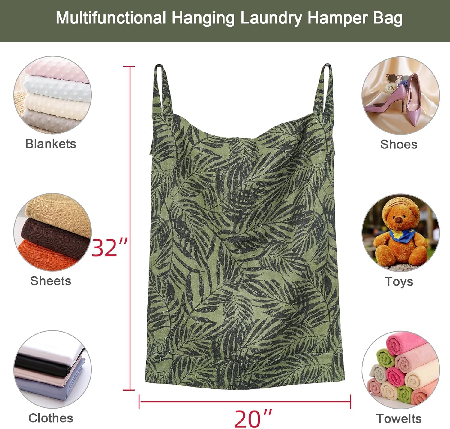 Linen Hanging Laundry Bag, 100% Linen Leaf Print Over The Door Laundry Hamper with Buttons and Zipper, Space Saving Door Hampers for Laundry Dirty Clothes Home Travel, Green, 19.7x27.5inches - NestledHome