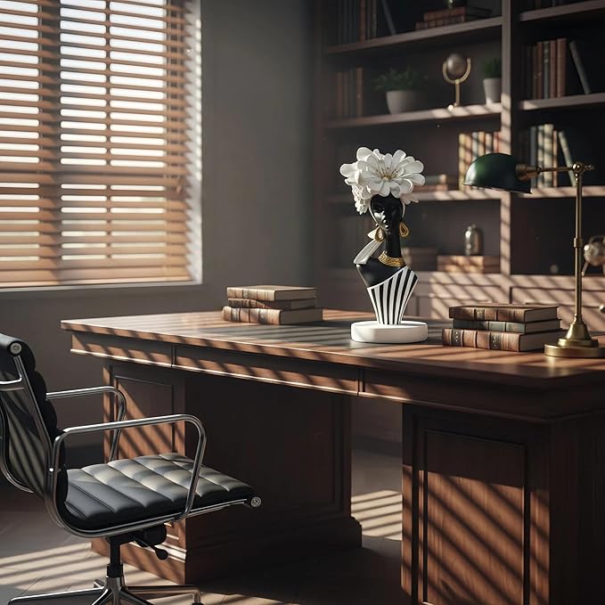 African Woman Art Sculpture with White Flower Crown, Black and White Art Statue,Elegant African-Inspired Art Gift Suitable for Various Settings Such as Home, Bookshelves, desks, or Offices