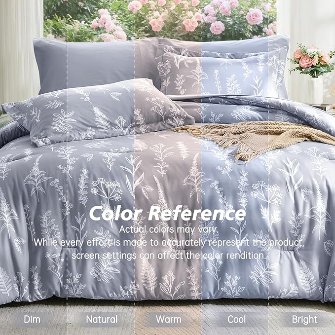 MUXHOMO Light Grey Bed in a Bag Queen 7 Pieces, Queen Comforter Set Reversible Botanical Flowers Design, Ultra Soft & Breathable Bedding Sets with Comforter, Sheets, Pillowcases & Shams