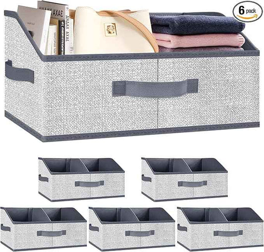 Closet Storage Bins 6 Pack, Large Closet Organizer Baskets with Divider & Handles,Trapezoid Fabric Shelf Organizers, Collapsible Storage Cubes for Clothes, Towels, Toys-Gray