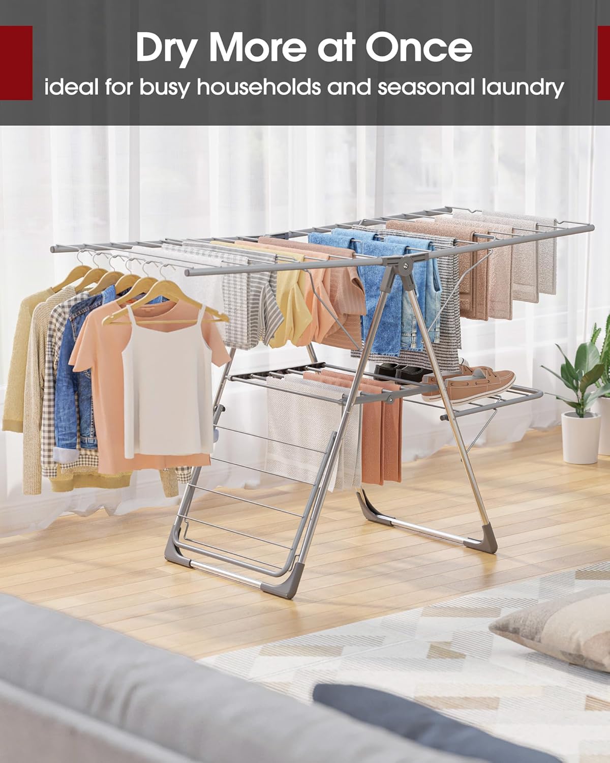 Clothes Drying Rack - Foldable Laundry Drying Rack for Clothing & Bedding, Easy-to-Assemble, Space-Saving Metal Airer with Non-Slip Feet, Indoor & Outdoor Use, 55.5"×22.8"×36.6", Gray - NestledHome