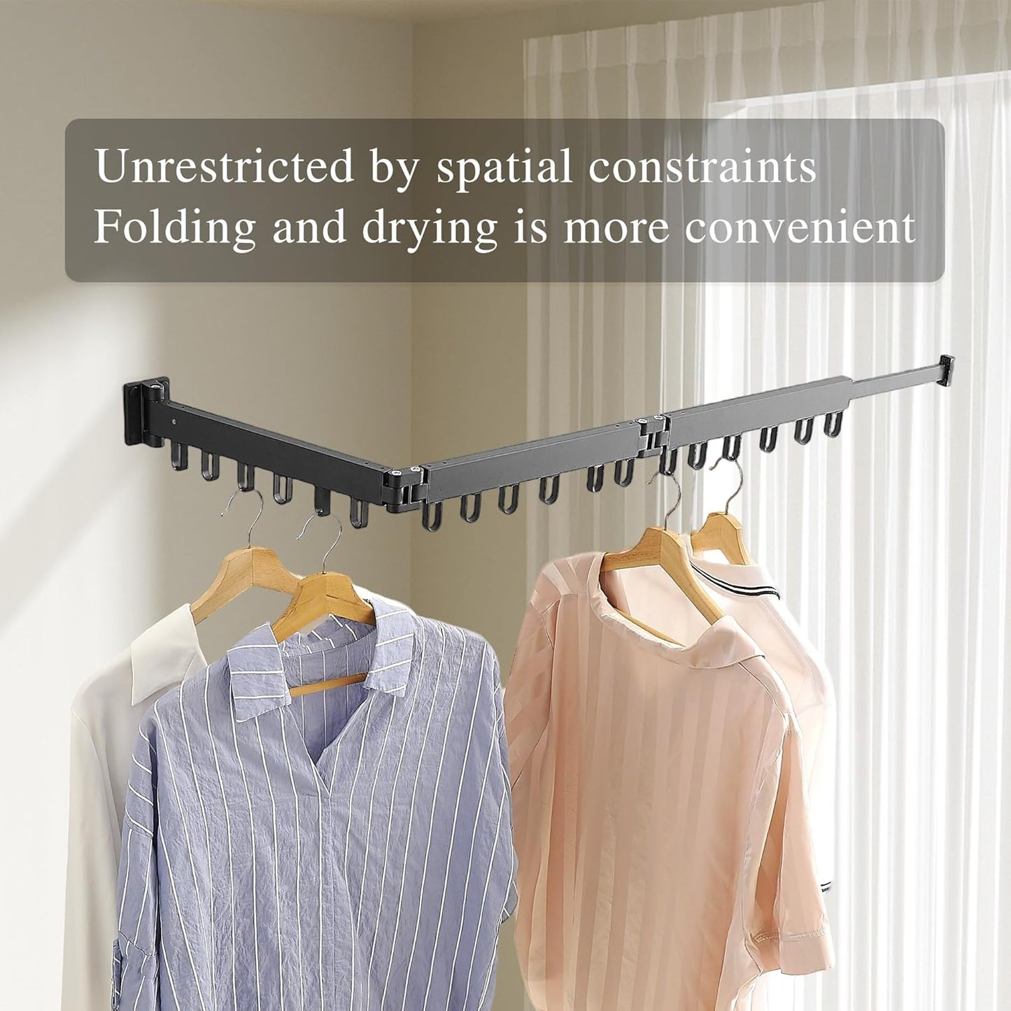 Clothes Drying Rack Wall Mounted, Laundry Drying Rack Collapsible, Space Saving Wall Drying Rack Clothing Foldable, Tri-Fold Retractable Rack Outdoor Indoor with 18 Hooks(Black，Loop-Shape Hooks) - NestledHome