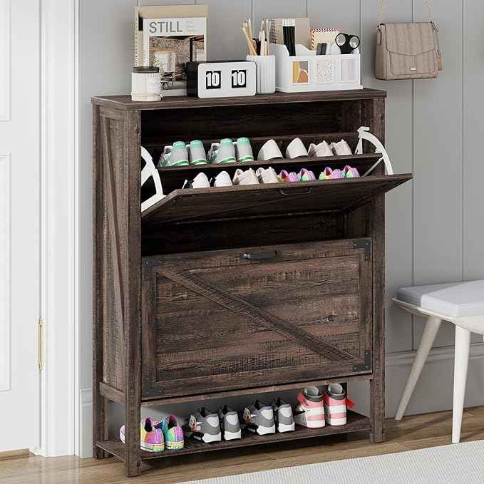 Vabches Shoe Storage Cabinet, Farmhouse Freestanding Organizer with 2 Flip Drawers, Wooden Hidden Narrow Slim Shoe Rack Cabinet for Entryway, Hallway, Foyer, Dark Oak