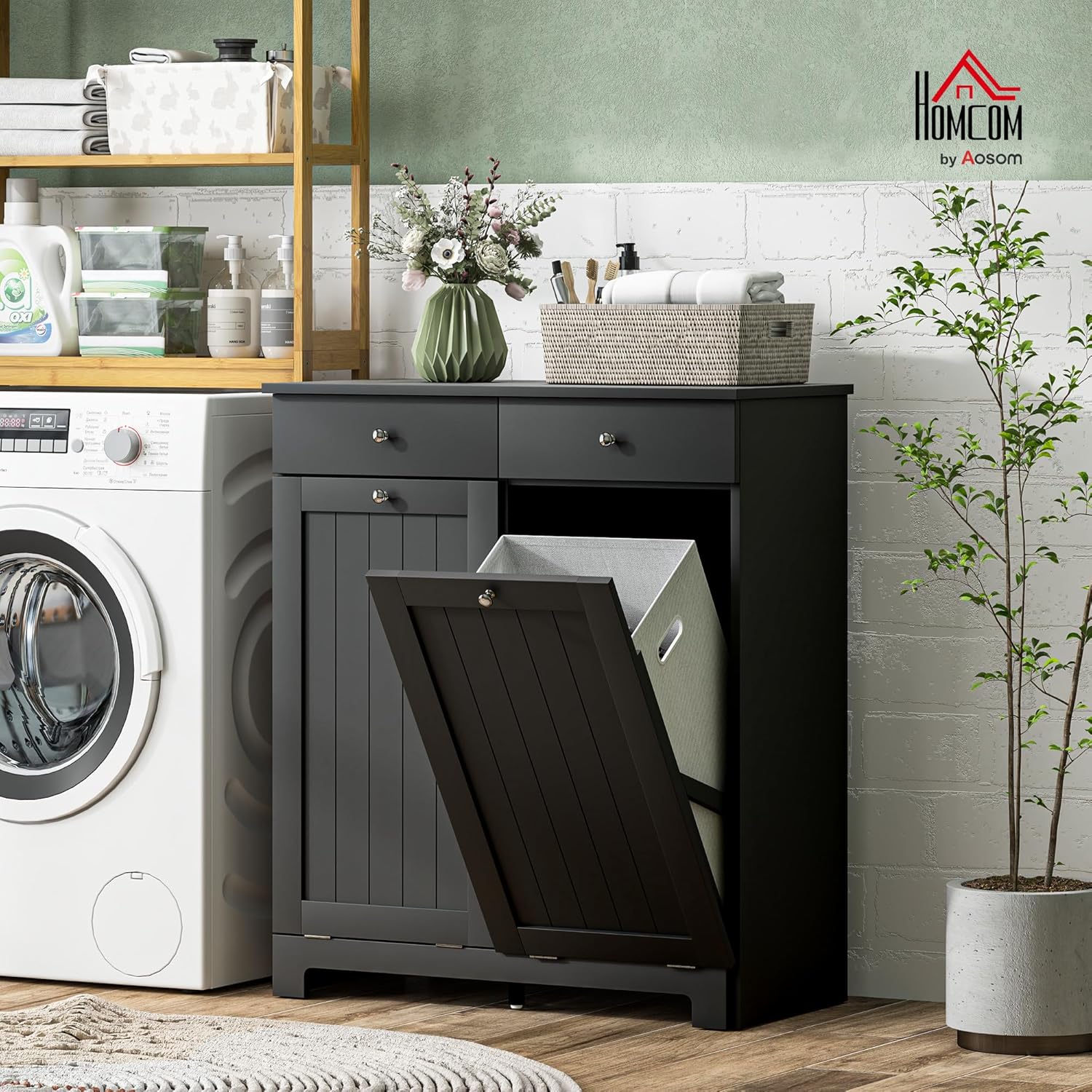 HOMCOM Laundry Hamper Cabinet with 2 Removable Baskets, Tilt Out Laundry Hamper Cabinet with 2 Drawers and 2 Beadboard Doors, Laundry Cabinet Bathroom Storage Cabinet, Black - NestledHome