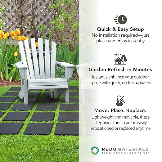 TierraVerde 10-Pack 12”x12” Fake Stomp Rubber Stepping Stones, Square, Black – Reversible Non-Slip Outdoor Faux Decorative Set for Landscaping – DIY Decor for Walkways & Yard Pathways