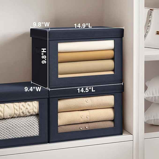 Foldable Storage Boxes with Lids - Decorative Storage Boxes with Clear Window, Fabric Storage Baskets for Organizing, Closet Storage for Clothes, Yarn, Home, Navy Blue, 4-Pack