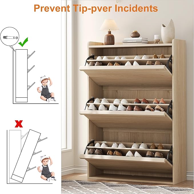GarveeHome Shoe Cabinet with 3 Flip Drawers, Wooden Shoe Organizer Cabinet with Adjustable Shelf, Shoe Storage for Entryway, Hidden Shoe Cabinet for Hallway, Living Room, Natural Oak