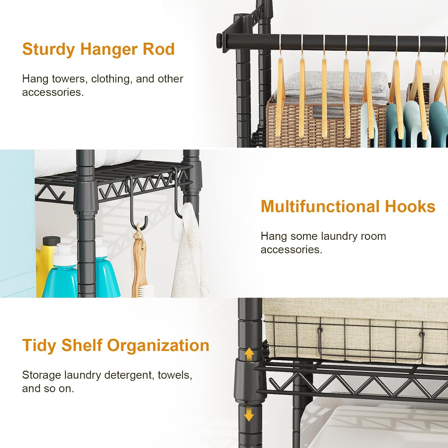 U14 Over Washer and Dryer Storage Shelves, 4 Tiers Laundry Room Storage and Organizer System, Space Saving Clothes Drying Rack with 2 Clothes Hanger Rods, 66.5" W x 20.5" D x 77.4" H, Black - NestledHome