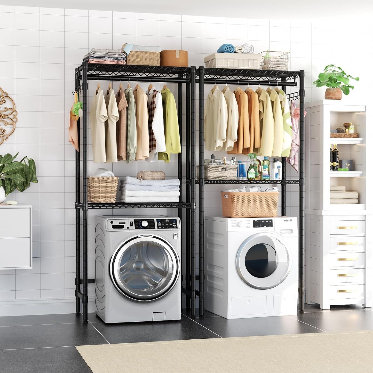 Over Washer and Dryer Shelves,2 Tier Adjustable Height Wire Shelving Laundry Room Storage Organization Clothes Drying Rack with Hanger Rod&Hooks,Space Saving Organizers Shelf,Black - NestledHome