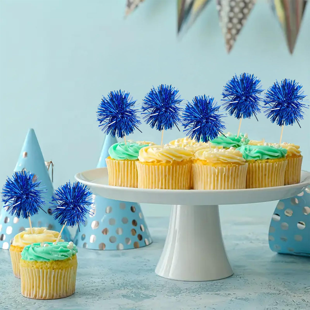 30Pcs Foil Firework Cupcake Toppers Sparkles Fireworks Sticks Birthday Decorations Sparkle Tinsel Cocktail Fruit Toothpick for Birthday Wedding Graduation Party Cake Decorations Blue (30 Count)