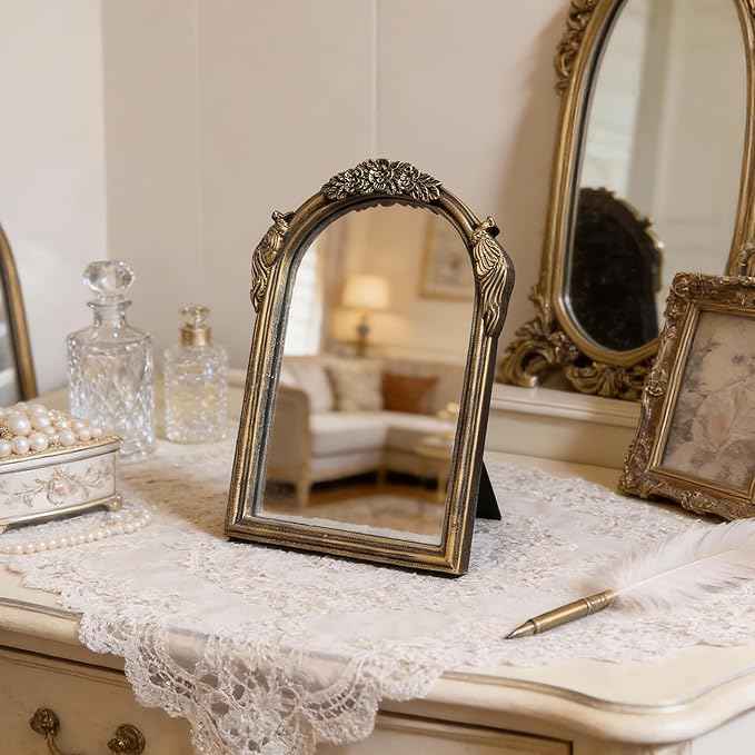Vintage Vanity Desk Mirror -10x7Inch Wall-Mounted & Tabletop Decorative Ornate Gold Accent Retro Makeup Mirror for Bedroom Dresser Living Room Bathroom Dorm Champagne Gold