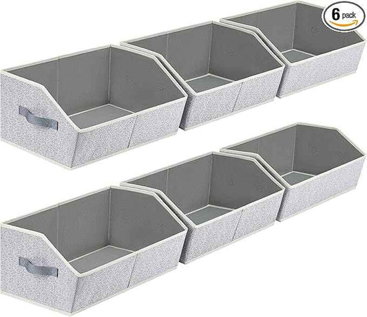 Closet Organizers Bins 6 Packs - Large Closet Shelf Organizer with Handles, Fabric Trapezoid Storage Bins, Collapsible Storage Cubes for Clothes, Towels, Light Gray