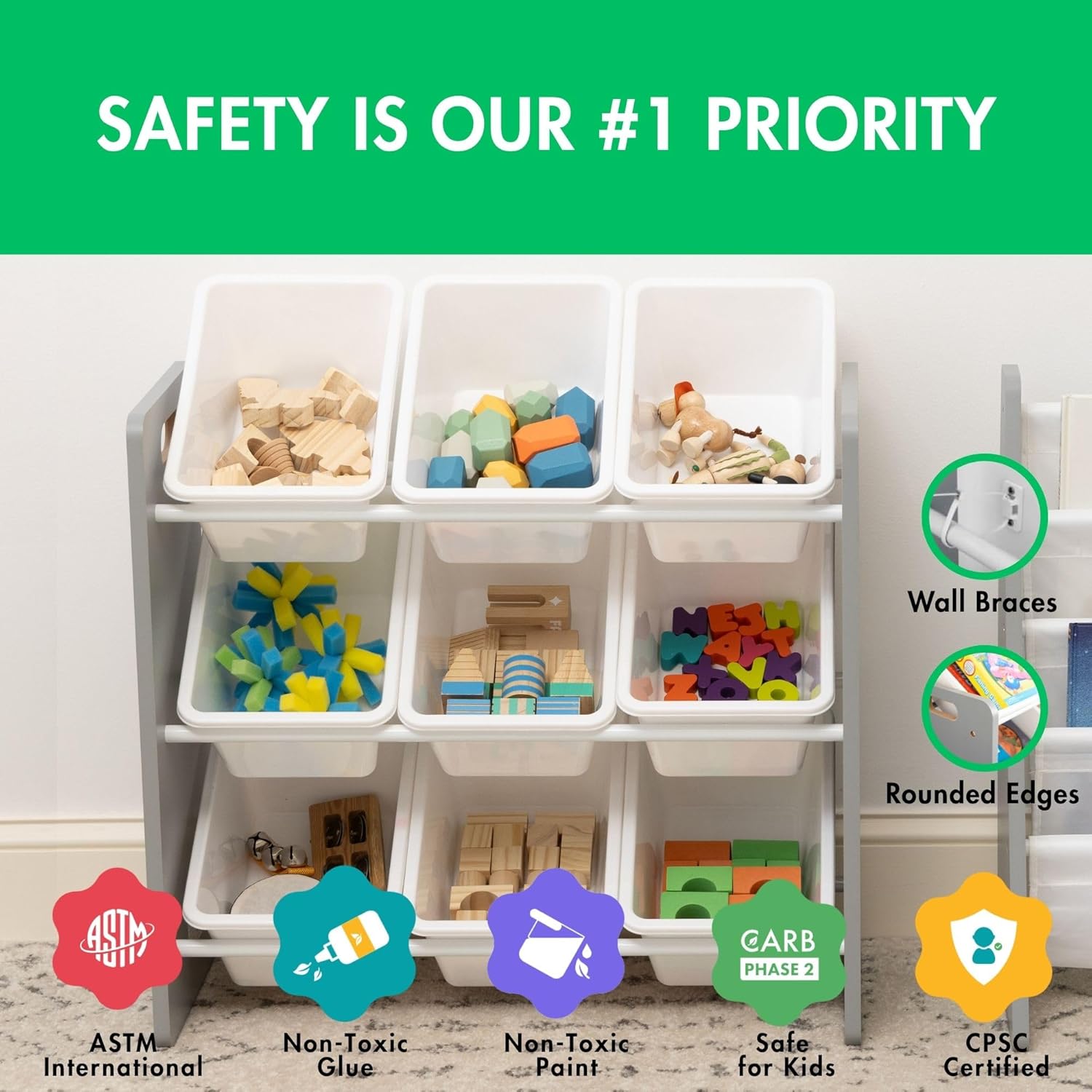 Humble Crew 9-Bin Toy Organizer – Inspire Grey with White Plastic Bins, 3-Tier Storage Solution for Kids' Playrooms and Nurseries - NestledHome