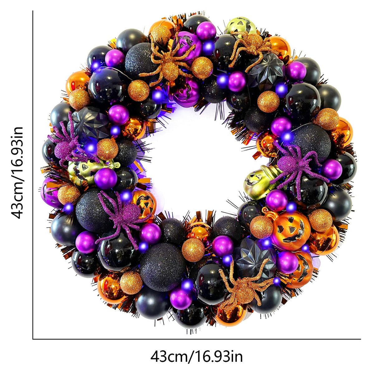 17 Inch Halloween Ball Wreath for Front Door with Lights