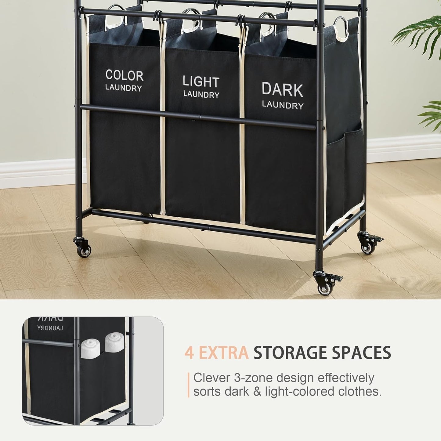 Laundry Sorter 3 Section,Laundry Hamper Cart with Hanging Rack & Removable Bags,Heavy Duty Laundry Basket with Wheels & 2 Tier Shelf,Space-Saving Laundry Basket Organizer for Laundry Room - NestledHome