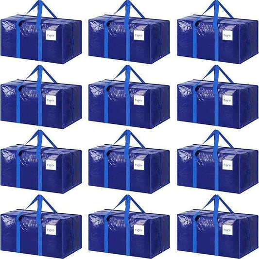 12 Pack Extra Heavy Duty Large Moving Bags with Strong Zipper & Comfortable Handles, Sturdy & Durable Clothes Storage Bags Totes Bins, Packing Moving Boxes for College Supplies, Blue