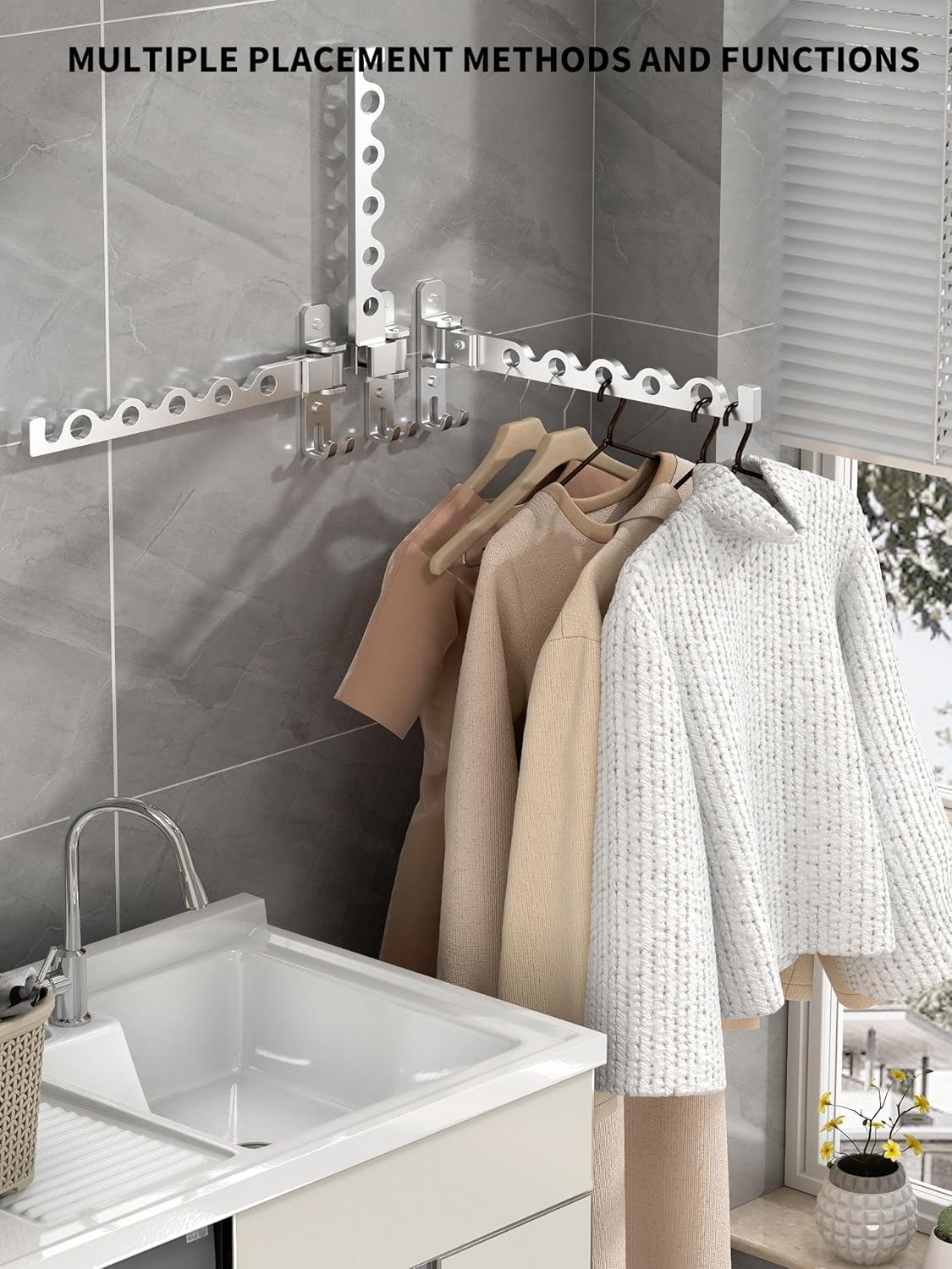 Dr.DJ Wall Hanger for Clothes, Coat Hanger Wall Mounted Silver Retractable Clothes Drying Organizer Rack Garment Hooks Aluminium Folding Indoor Space Save (2 Racks) Silver - NestledHome
