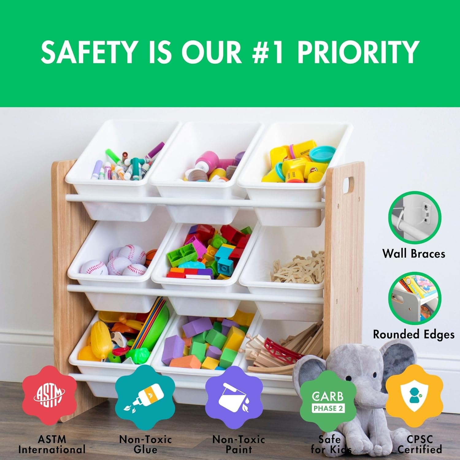Humble Crew 9-Bin Toy Organizer – Journey Natural Wood with White Plastic Bins, 3-Tier Storage Solution for Kids' Playrooms and Nurseries - NestledHome