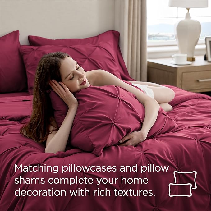 Bedsure Twin Comforter Set Dark Red - Bed in a Bag Twin Size Bedding 5 Pieces, GentleSoft™ Pintuck Bed Set Gift for Family, Pinch Pleat Dark Red Comforter with Sheets, Pillowcase & Sham