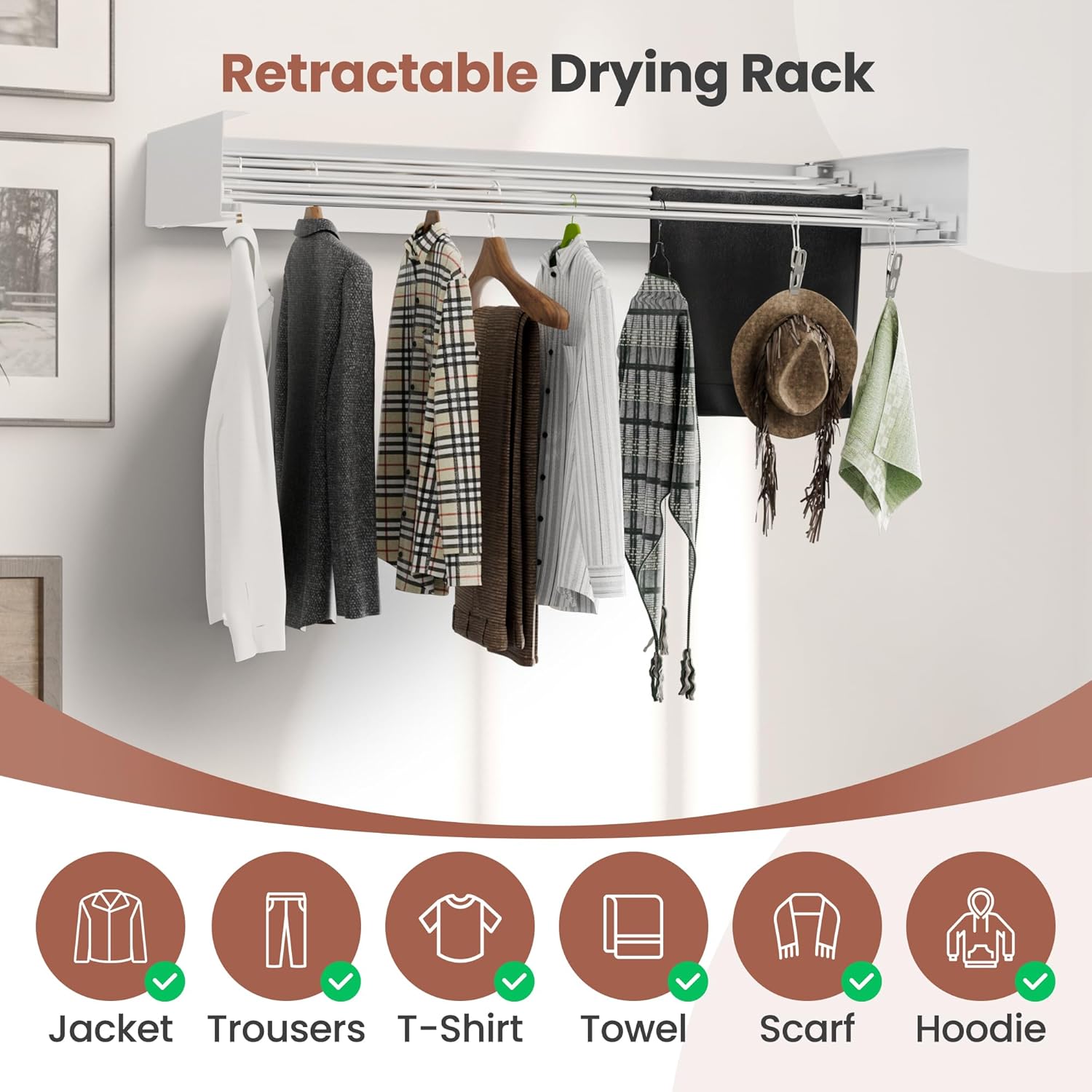 Foldable Wall-Mounted Drying Rack, Heavy-Duty 60 lb Capacity – Space-Saving Folding Laundry Hanger with 10 Clips, Rust-Proof Aluminium Clothes Dryer for Indoor & Outdoor Use - NestledHome