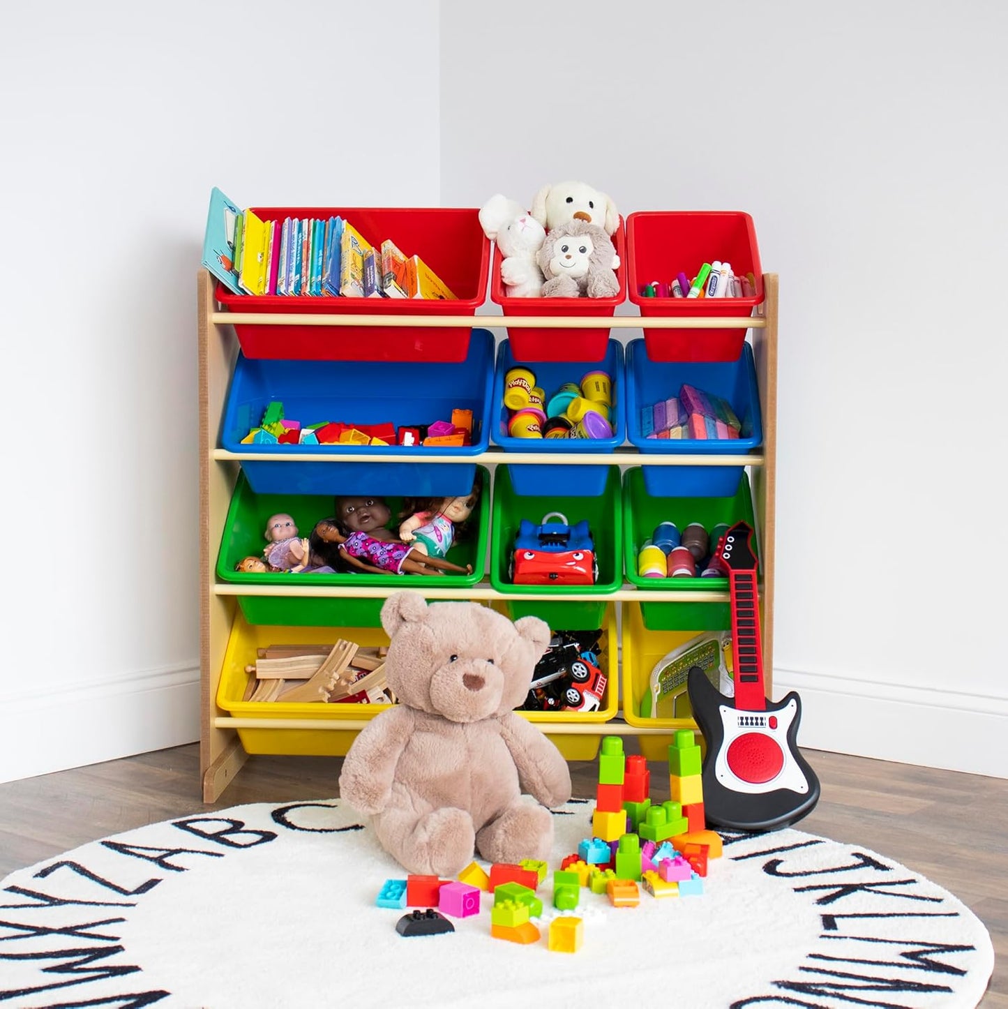 Humble Crew, Natural/Primary Kids' Toy Storage Organizer with 12 Plastic Bins, 34*35*15.5inch - NestledHome