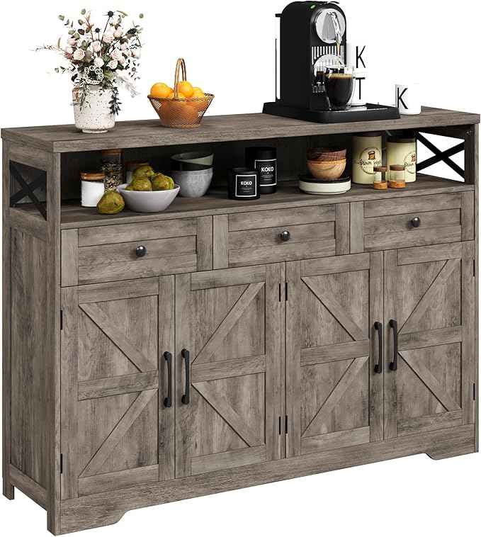 Farmhouse Buffet Cabinet with Drawers, Sideboard with Storage, Kitchen Pantry Cabinet Hutch, Wood Coffee Bar Station for Kitchen, Livingroom, 52" L Rustic Grey