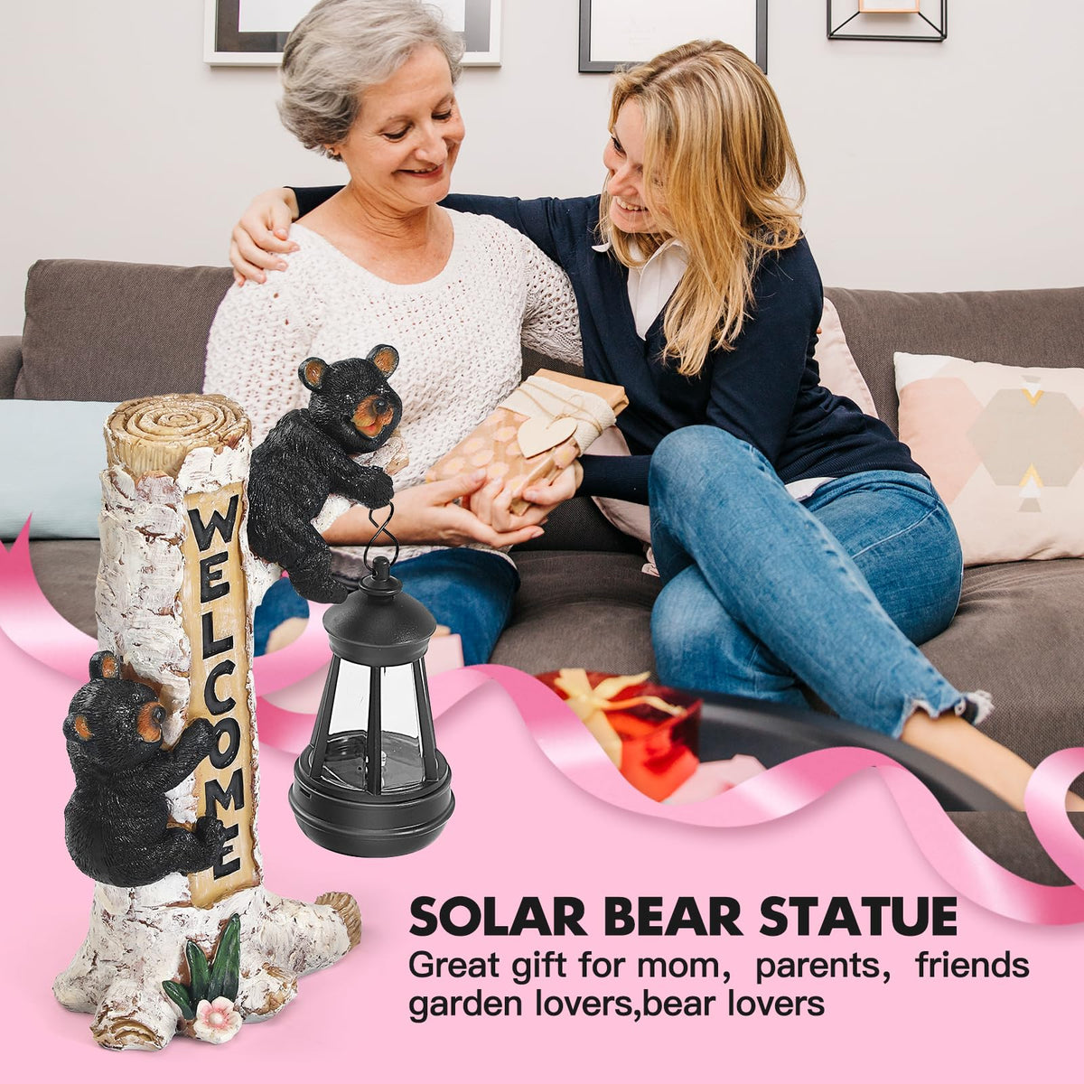 Garden Bear Statue with Solar LED Lantern