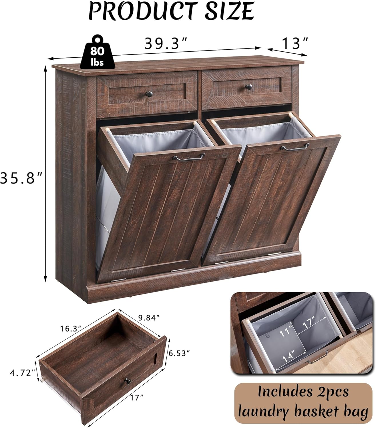 Double Tilt Out Laundry Hamper Cabinet, 20 Gallon Farmhouse Trash Can Cabinet with Drawer, Hidden Wood Garbage Can Bin Cabinet with Laundry Storage Basket for Bathroom, Kitchen, Brown - NestledHome
