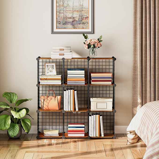 HOOBRO Wire Cube Storage Organizer, 9-Cube Shelves, Modular Shelves with Metal Grid, DIY Closet Cabinet for Living Room, Bedroom, Rustic Brown and Black BF09CW01