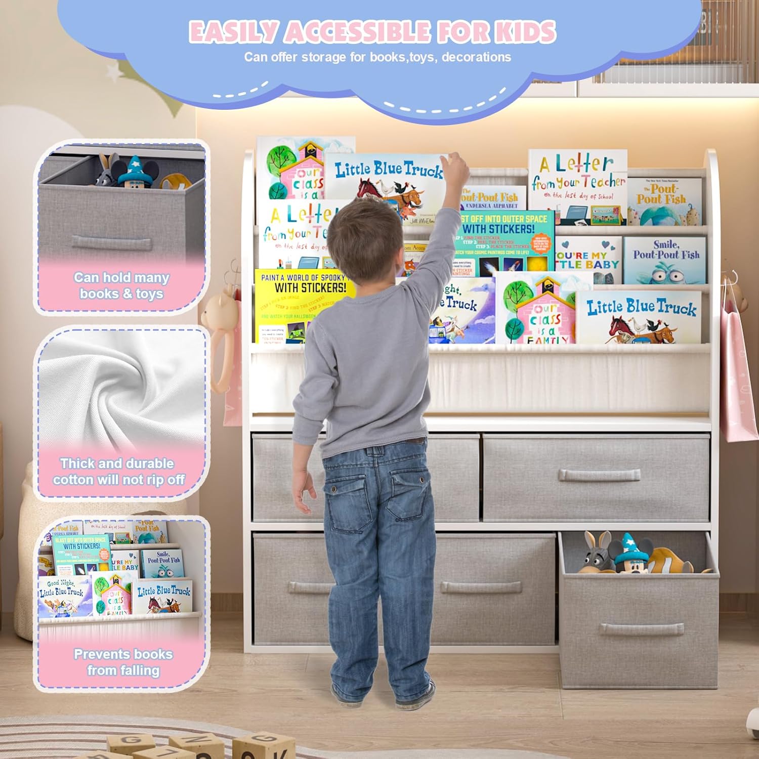 NACHES Kids Bookshelf and Toy Storage Bins, Children Bookcase Toddler Book Display Cabinet with 5 Toy Organizer Boxes for Playroom,Reading Room,Toddler Room,Nursery,Classroom - NestledHome