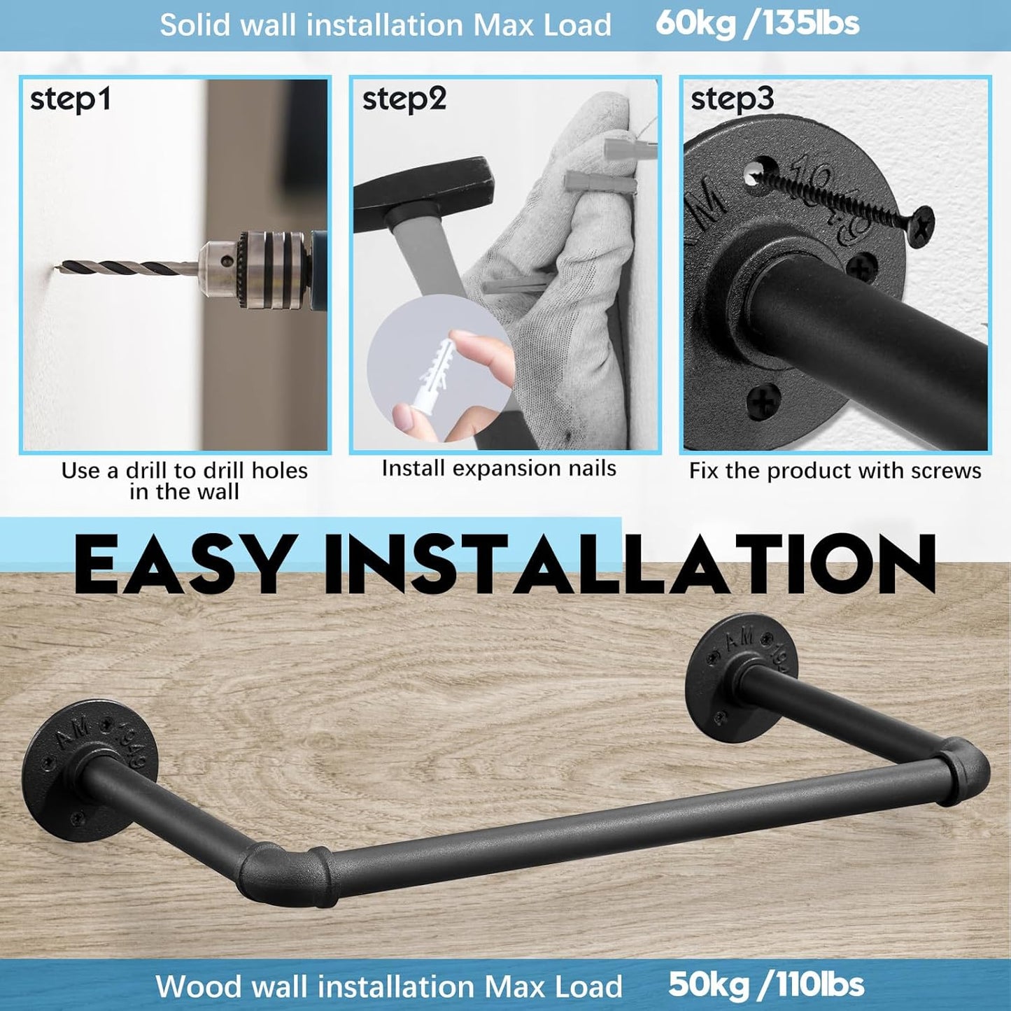 Industrial Pipe Clothes Rack Set of 2, 21” Heavy Duty Wall Mounted Clothing Rack Multi-Purpose Garment Bar, Space-Saving Hanging Rod for Laundry Room,Closet Storage - NestledHome
