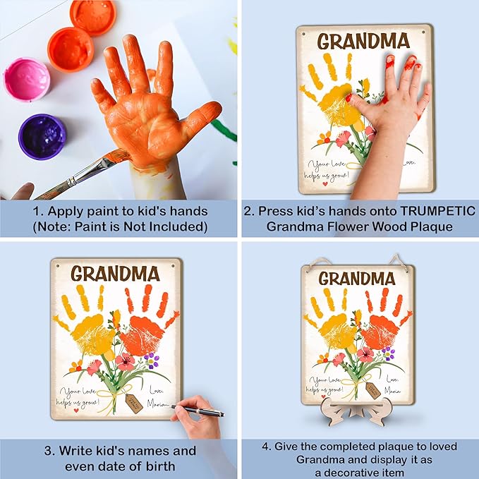 Custom DIY Baby Handprint Flowers Wooden Hanging Sign, Personalized Flowers for Grandma with Kids Handprint, Baby's First Mothers Day Gifts for Grandma, Kids Art Craft, Thanks for Helping Us Grow