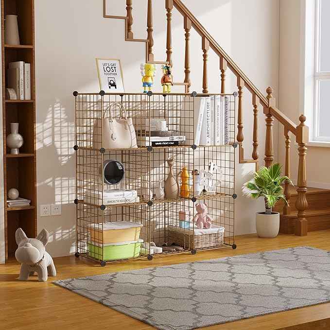 C&AHOME Wire Cube Storage, 9 - Cube Organizer Metal C Grids, Modular Shelves Units, Closet Organizer, Ideal for Home, Office, Living Room, 36.6”L x 12.4”W x 48.4”H, Brown UWCS3009R