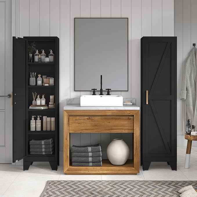 COFaR Tall Bathroom Cabinet, Metal Farmhouse Narrow Slim Storage Cabinet with Adjustable Shelves Barn Door for Bathrooms, Kitchens, Entrances Living Room (Black)