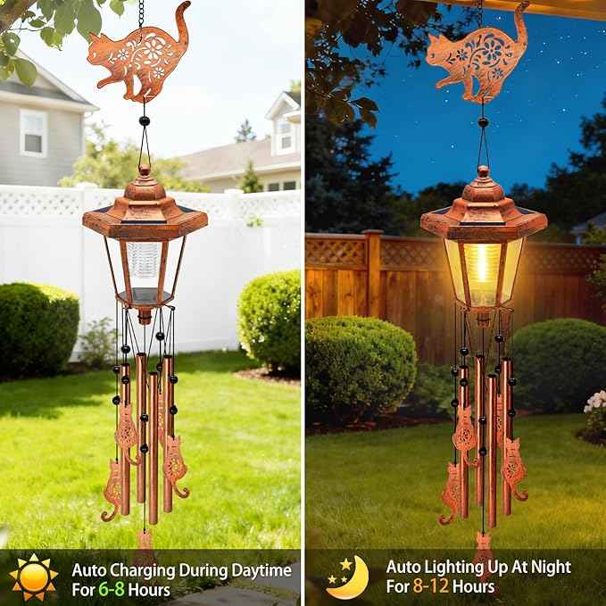 Large Solar Cat Wind Chimes, Gifts for Women Mom Grandma Wife Sister Daughter Neighbor Nana, Classic Bronze Wind Chimes With Wind Catcher, Solar Decor Lights For Outdoor Garden Patio Yard Porch Window