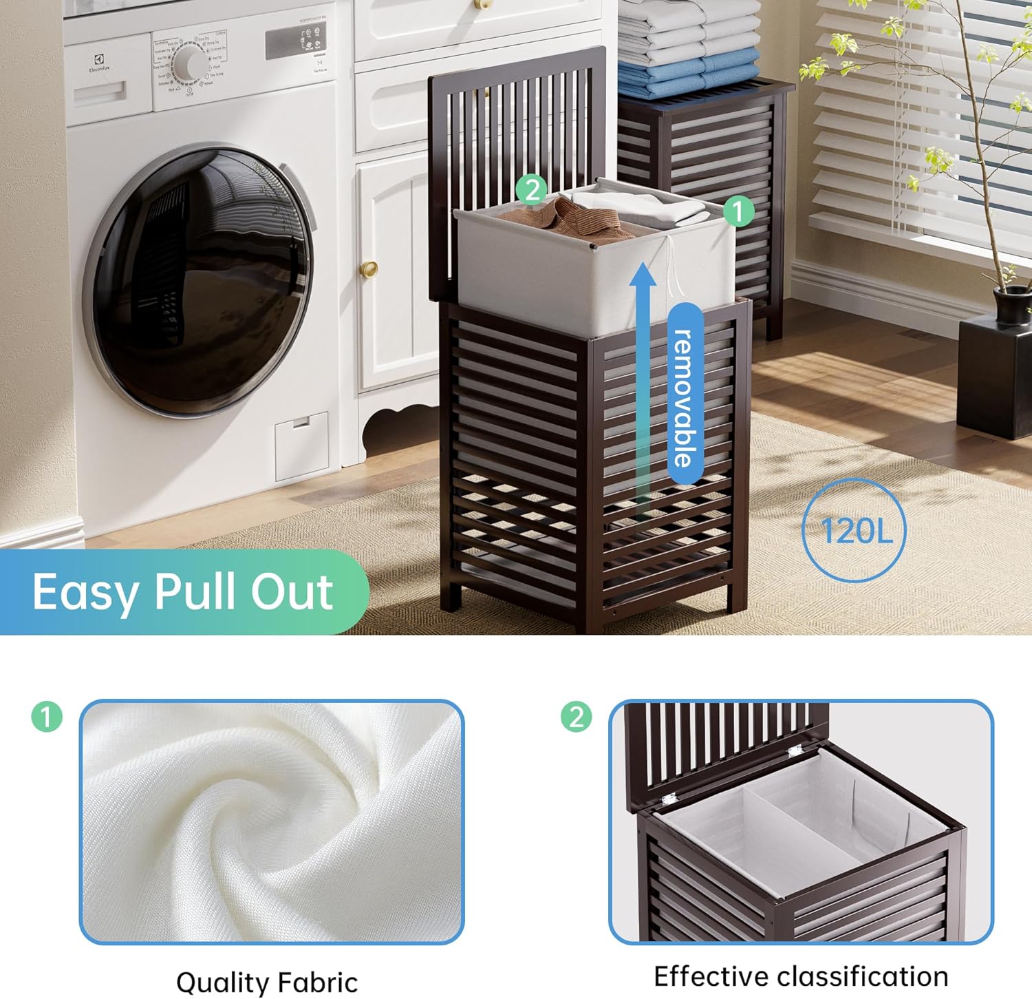 SMIBUY Double Laundry Hamper with Lid, 120L Bamboo Laundry Basket with Removable Liner Bag, 2-Section Clothes Divider Laundry Sorter for Laundry Room, Bathroom, Bedroom (Dark Brown) - NestledHome
