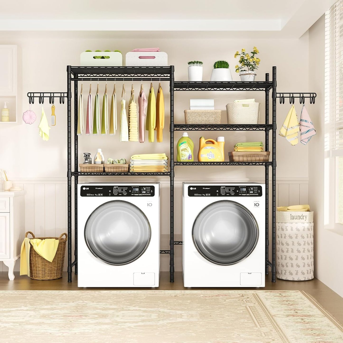Ulif 65.3" W x 13.4" D x 77.5" H Clothes Drying Rack, 5 Tiers Over Washer and Dryer Laundry Room Storage and Organizer, Heavy-Duty Space Saver, Black - NestledHome
