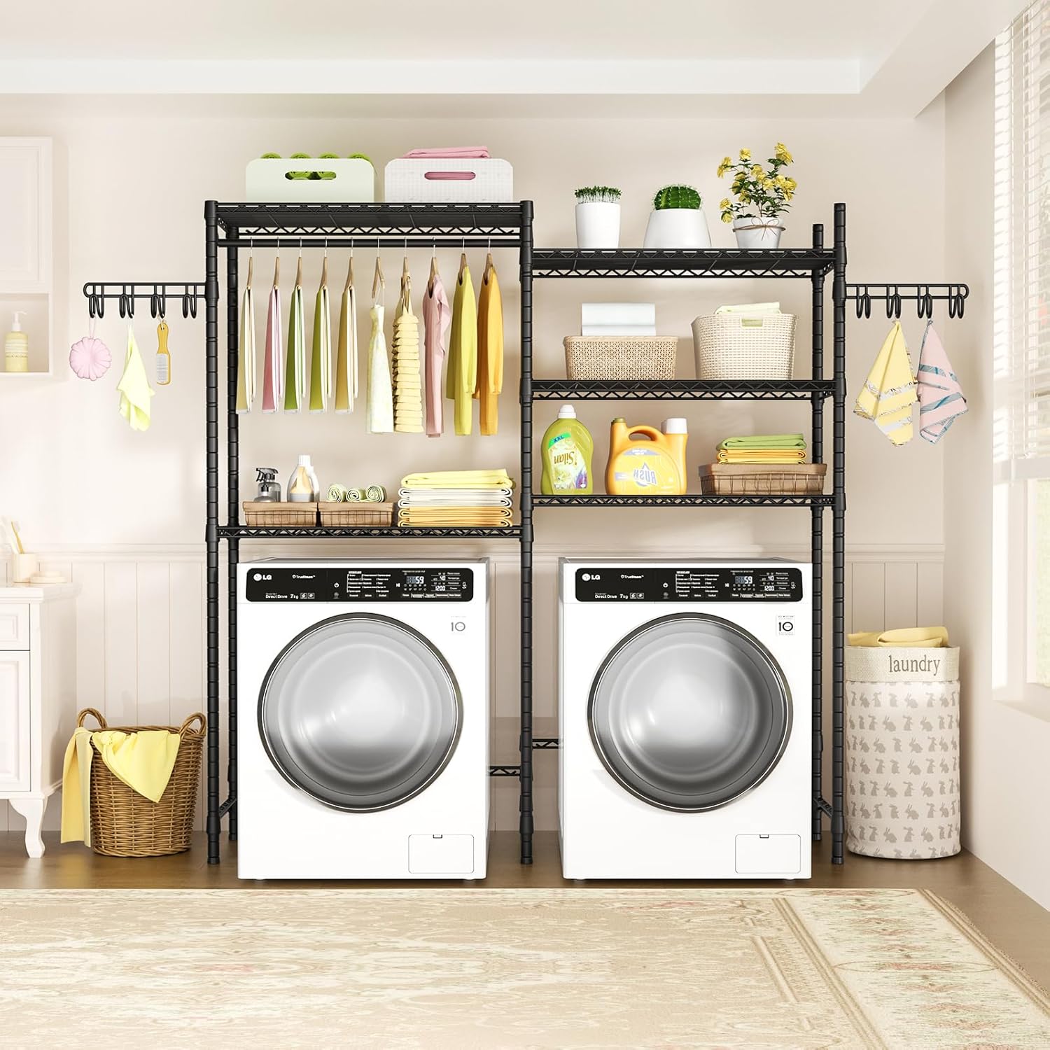 Ulif 65.3" W x 13.4" D x 77.5" H Clothes Drying Rack, 5 Tiers Over Washer and Dryer Laundry Room Storage and Organizer, Heavy-Duty Space Saver, Black - NestledHome