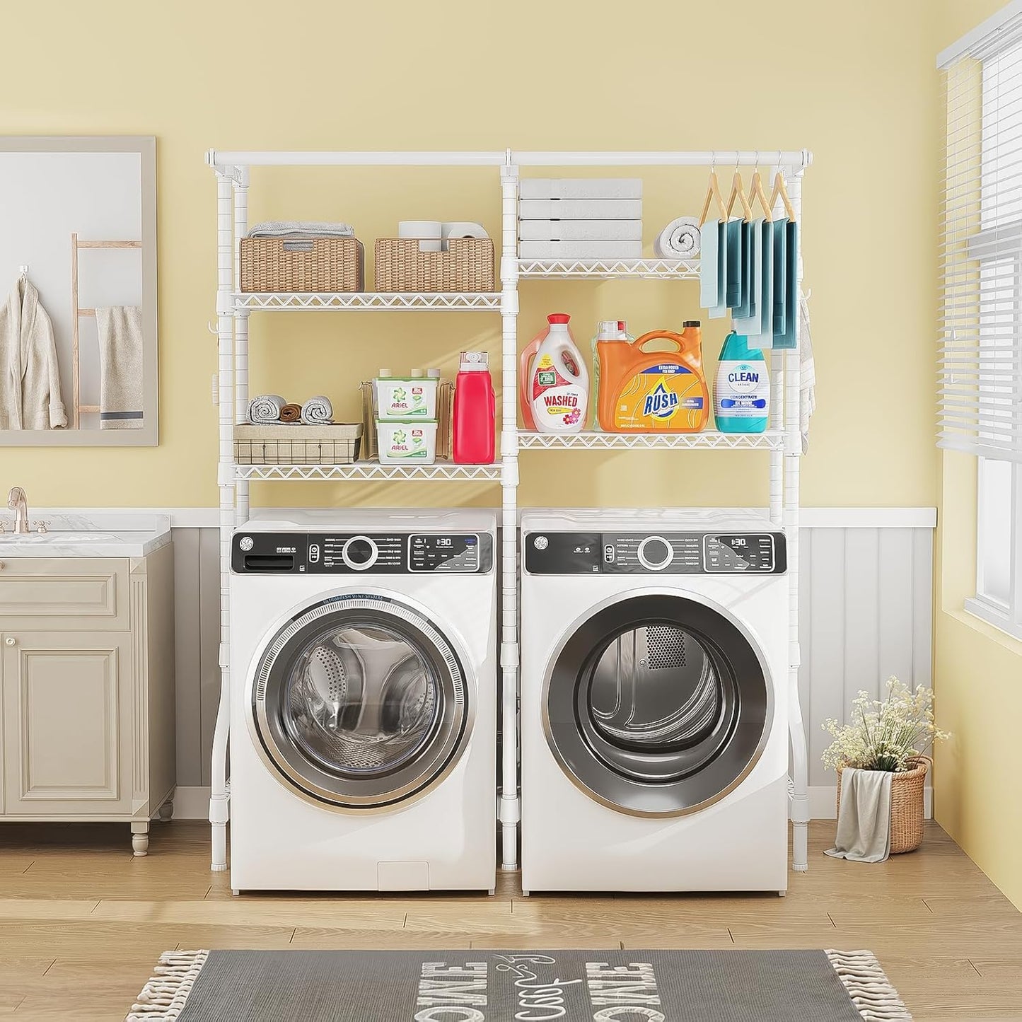 U14 Over Washer and Dryer Storage Shelves, 4 Tiers Laundry Room Storage and Organizer System, Space Saving Clothes Drying Rack with 2 Clothes Hanger Rods, 66.5" W x 20.5" D x 77.4" H, White - NestledHome