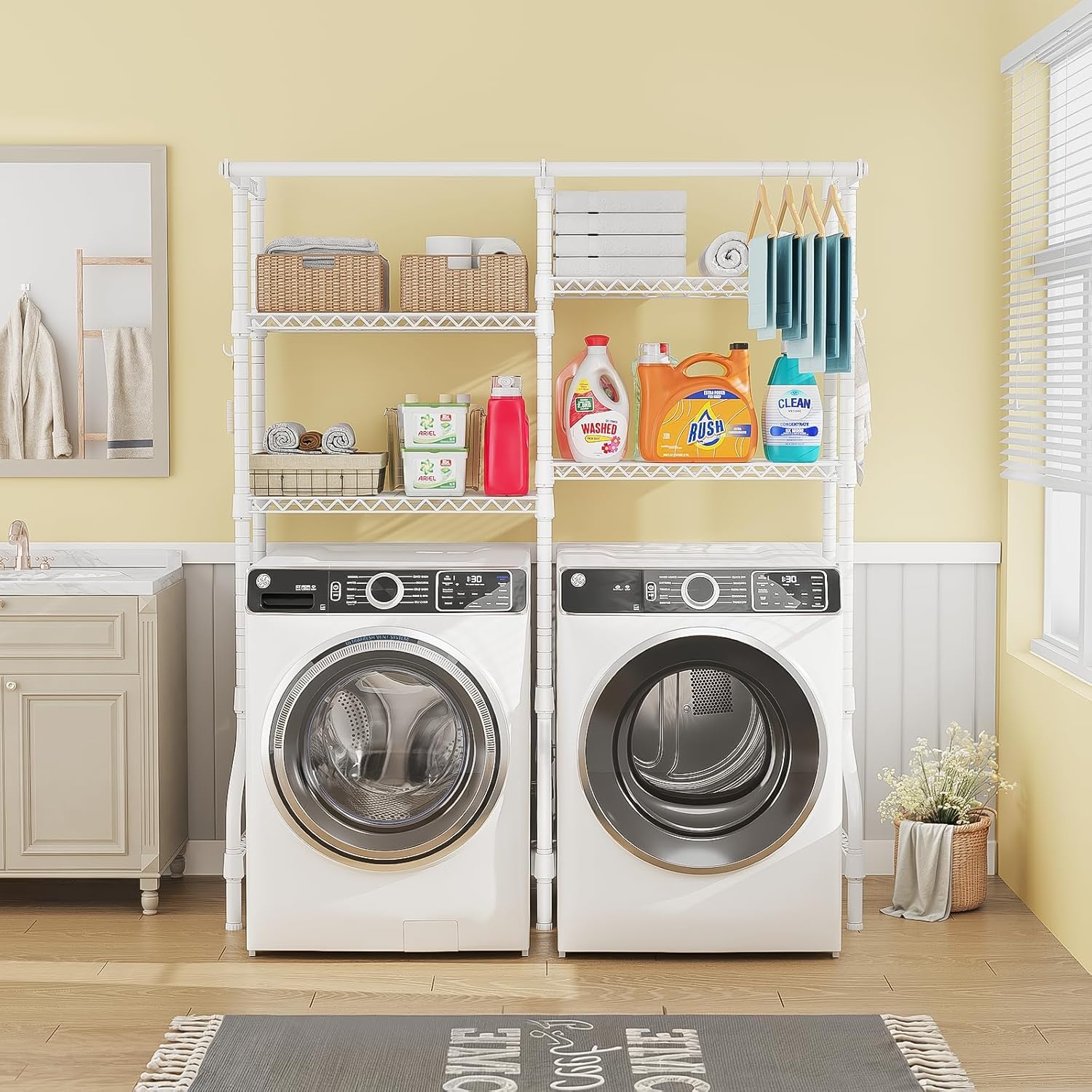 U14 Over Washer and Dryer Storage Shelves, 4 Tiers Laundry Room Storage and Organizer System, Space Saving Clothes Drying Rack with 2 Clothes Hanger Rods, 66.5" W x 20.5" D x 77.4" H, White - NestledHome