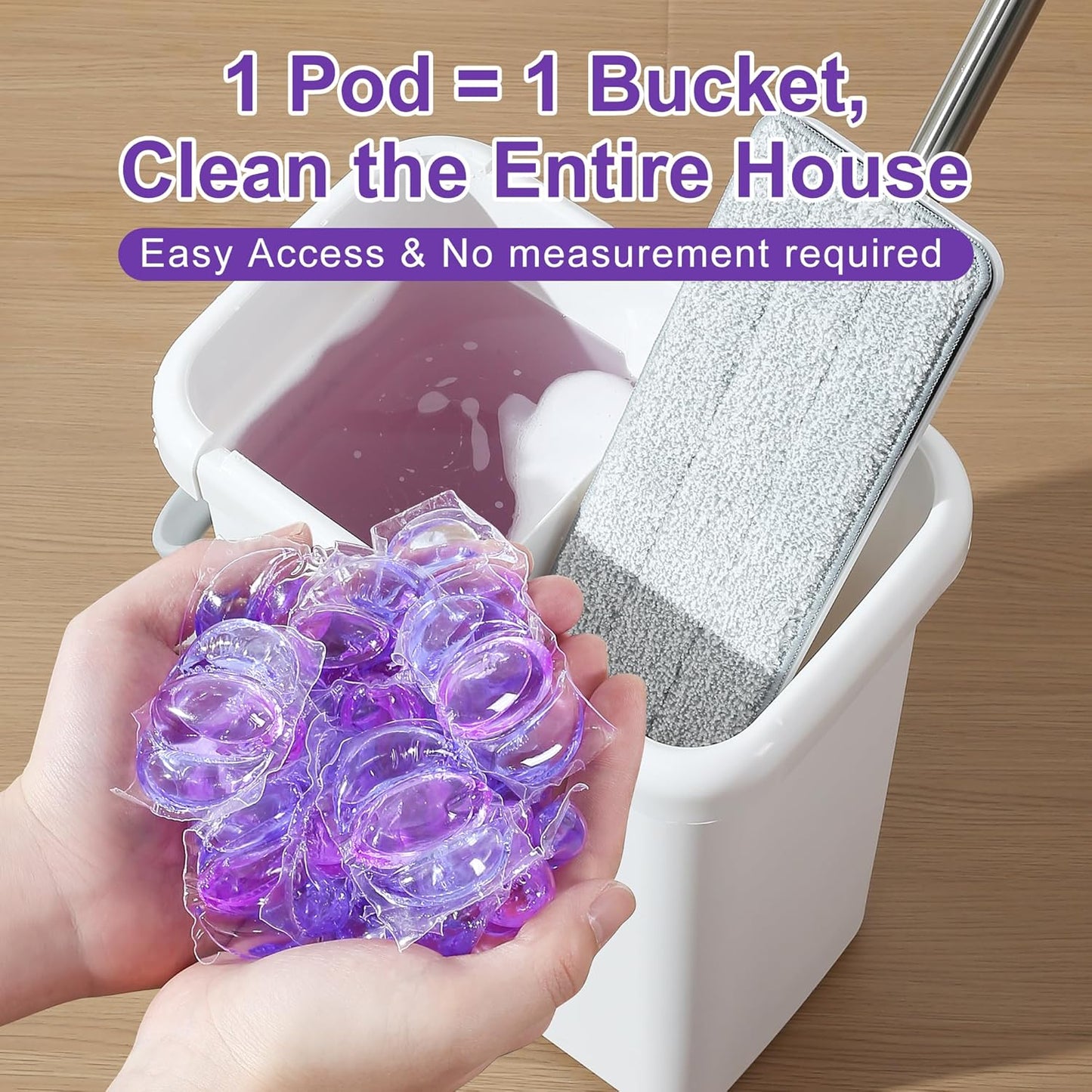JOYMOOP Mop and Bucket with Wringer Set and Floor Cleaner Pods, Flat Floor Mop with 3 Reusable Microfiber Pads, Wet and Dry Use, Freesia Scent Pack of 15 Pacs for Floor Cleaning - NestledHome