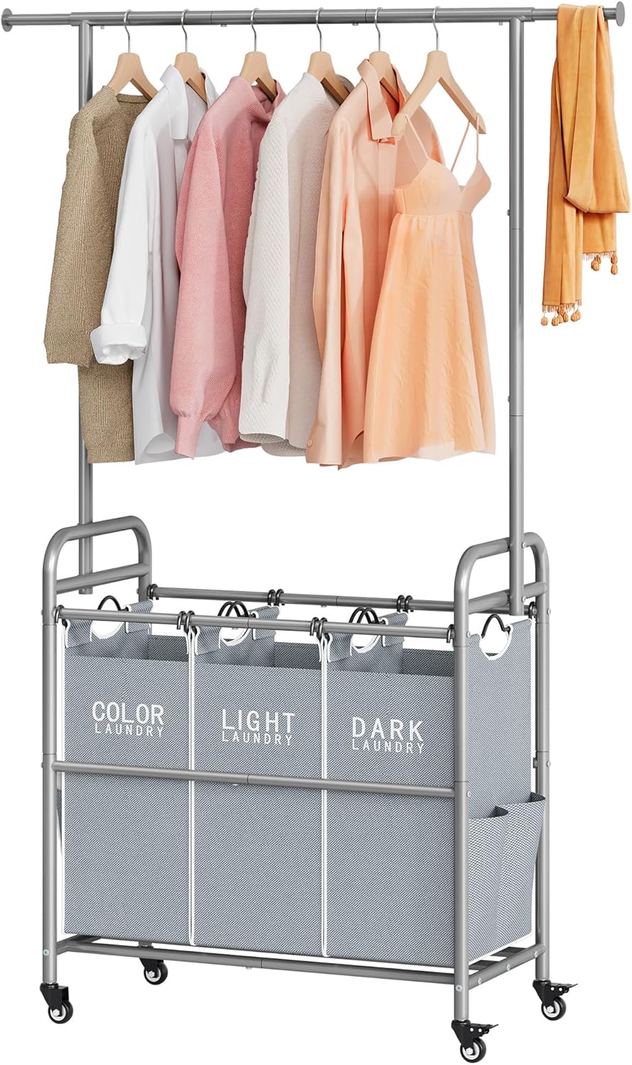 Tajsoon Laundry Sorter with Hanging Bar, 3 Section Rolling Laundry Hamper with Heavy Duty Lockable Wheels, Laundry Basket with Hanging Rack for Bedroom, 3 Gray - NestledHome