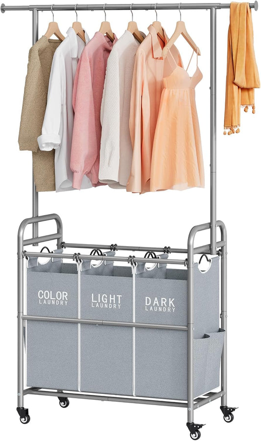 Tajsoon Laundry Sorter with Hanging Bar, 3 Section Rolling Laundry Hamper with Heavy Duty Lockable Wheels, Laundry Basket with Hanging Rack for Bedroom, 3 Gray - NestledHome