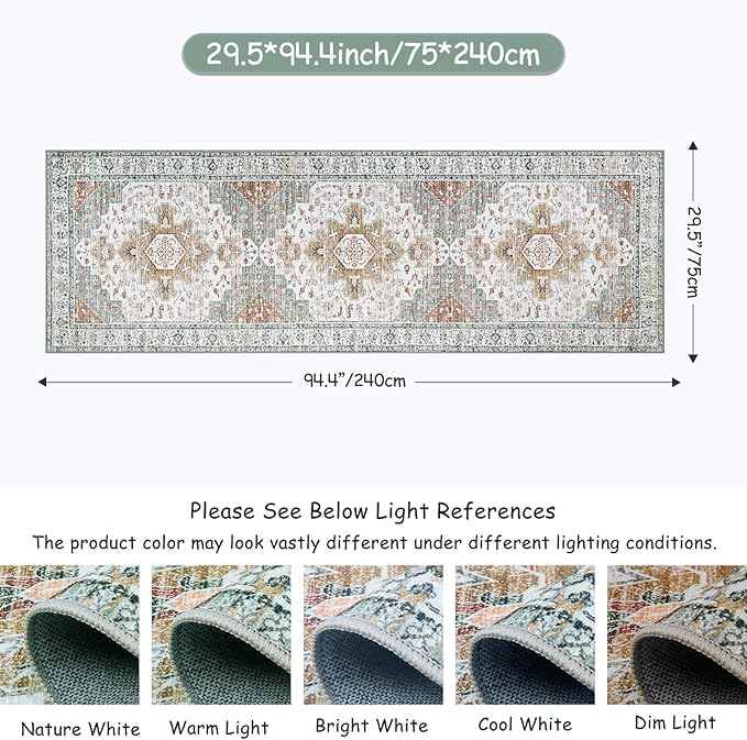 Moynesa Ultra-Thin Washable Runner - 2'6" x 8' Hallway Rug, Kitchen & Bathroom Carpet, Vintage Printed Low Pile Entryway Runner for Apartment, Camper, RV, Beige/Gold