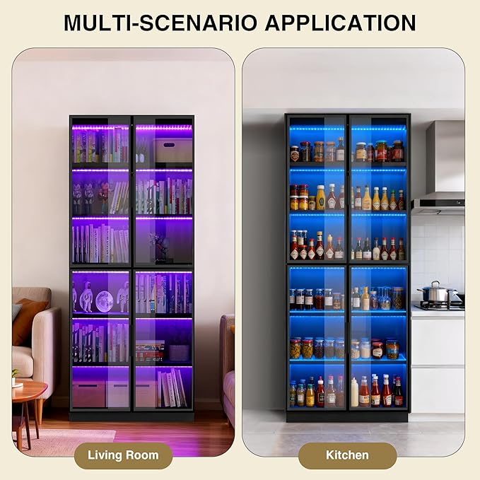 Black Display Cabinet,78 Inch High Bookshelf, Multi-Color LED Ambient Lighting, 6-Story Large Storage Space, Transparent Tempered Glass Door, Suitable for Bedrooms, Living Rooms, Offices